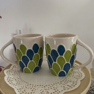 2009 Starbucks Mermaid Scale Mugs Set 2 Blue Green‎ 14oz Ceramic Coffee Cups